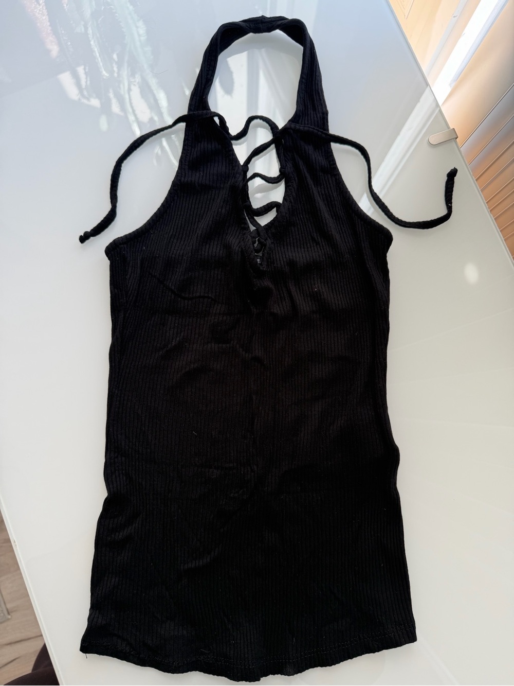 Tally Weijl Black Halter Lace-Up Ribbed Tank Top
